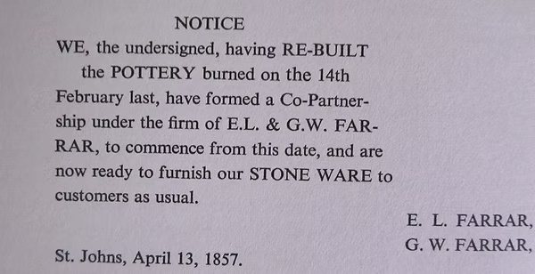 Reproduced notice dated St. Johns, April 13, 1857, announcing the rebuilt pottery and partnership of E. L. and G. W. Farrar