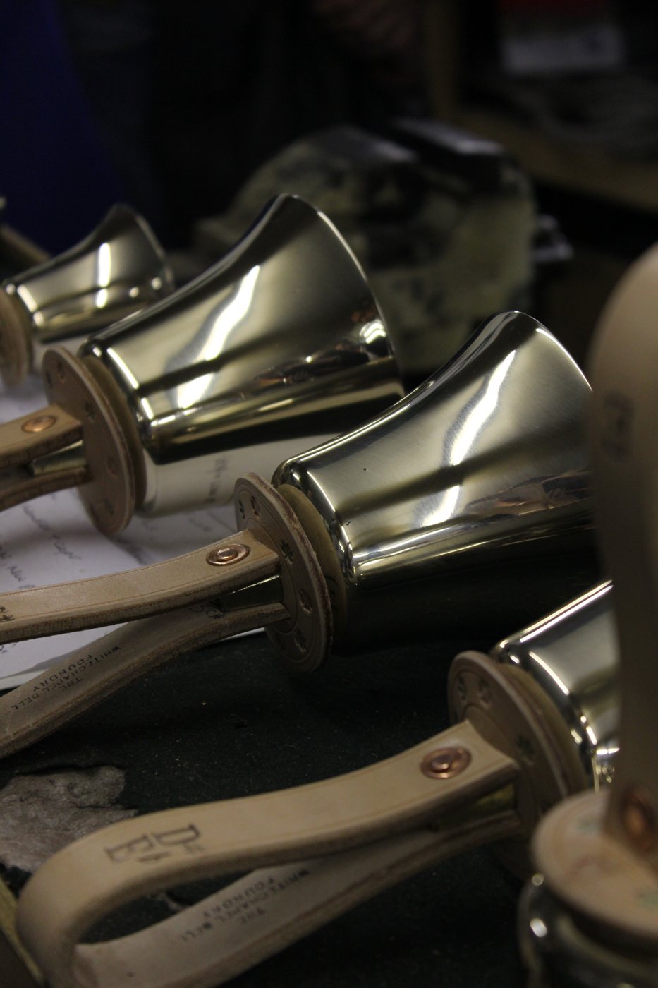 Musical handbells on a workbench at Whitechapel Bell Foundry.